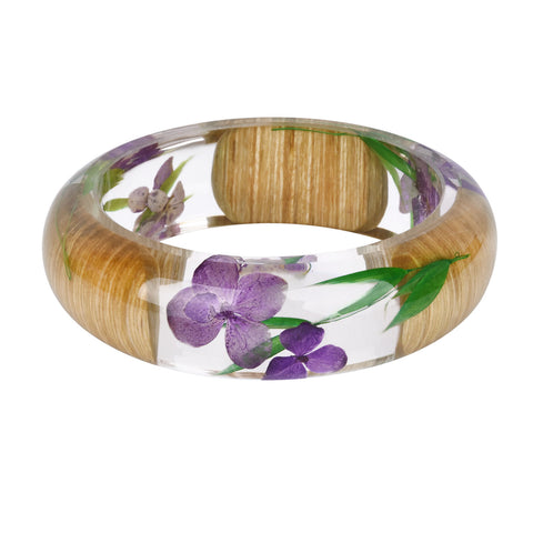 Handmade Resin Bangle Bracelet Dried Purple Flower Wood Green