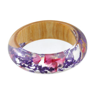 Handmade Resin Bangle Bracelet With Real Wood Purple Dried Flower