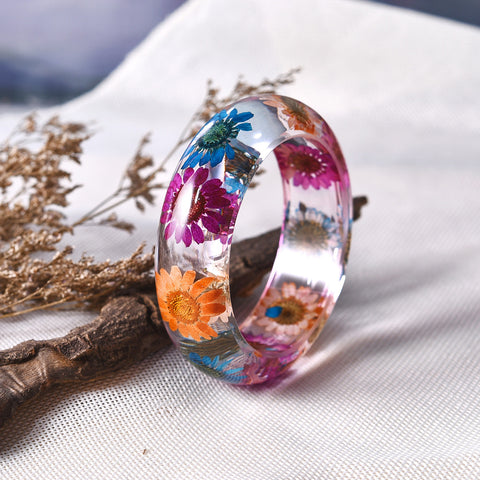 Real Colorful Dried Flower Resin Bangle Bracelet Cuff Love