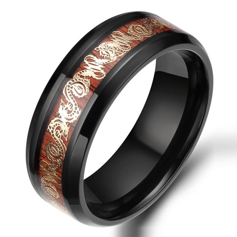 Gold Dragon Wood Inlay Black Titanium Ring