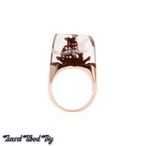 Wedding Antique Miniature Sailboat Encapsulated in Brass Rose Gold Color Ring