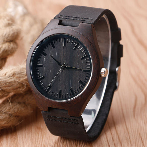 Nature Wood Bamboo Genuine Leather Band Strap Wrist Watch Sport