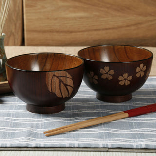 Premium Food Safety Wooden Bowls Leaf/Flower Pattern Jujube Wood Rice Soup Bowls