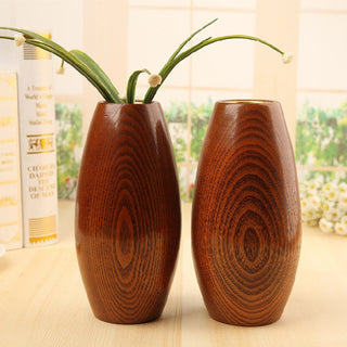 Japan Style Solid Wooden Vase Oval Flower Vase Retro Wood Decoration Flower