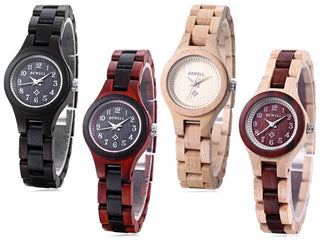 Women Quartz Watch Water Resistance Wooden Case Slender Strap Wristwatch