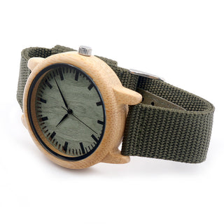 Natural Wood Bamboo Watches With Army Green Canvas Band