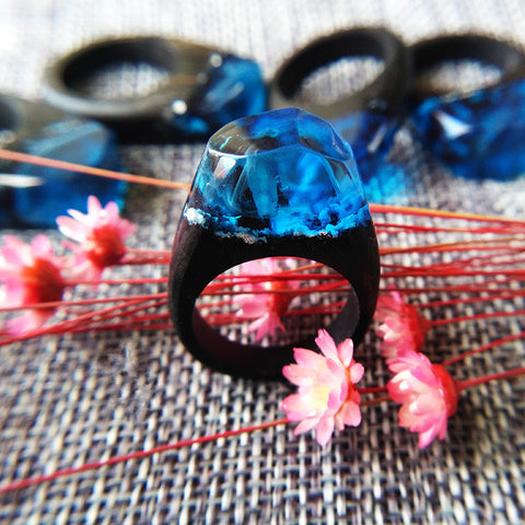 New Fashion Sky Blue Resin Wooden Magic forest Wedding Rings