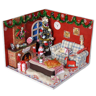 Wooden Dollhouse Furniture Kits LED Light Miniature Christmas Room