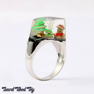 Resin Ring Brass White Gold Color Secret Snowman Miniature Landscape Encapsulated