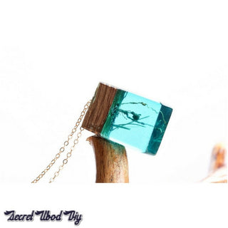 Blue Resin Cuboid With Grass Wood Pendant Necklace